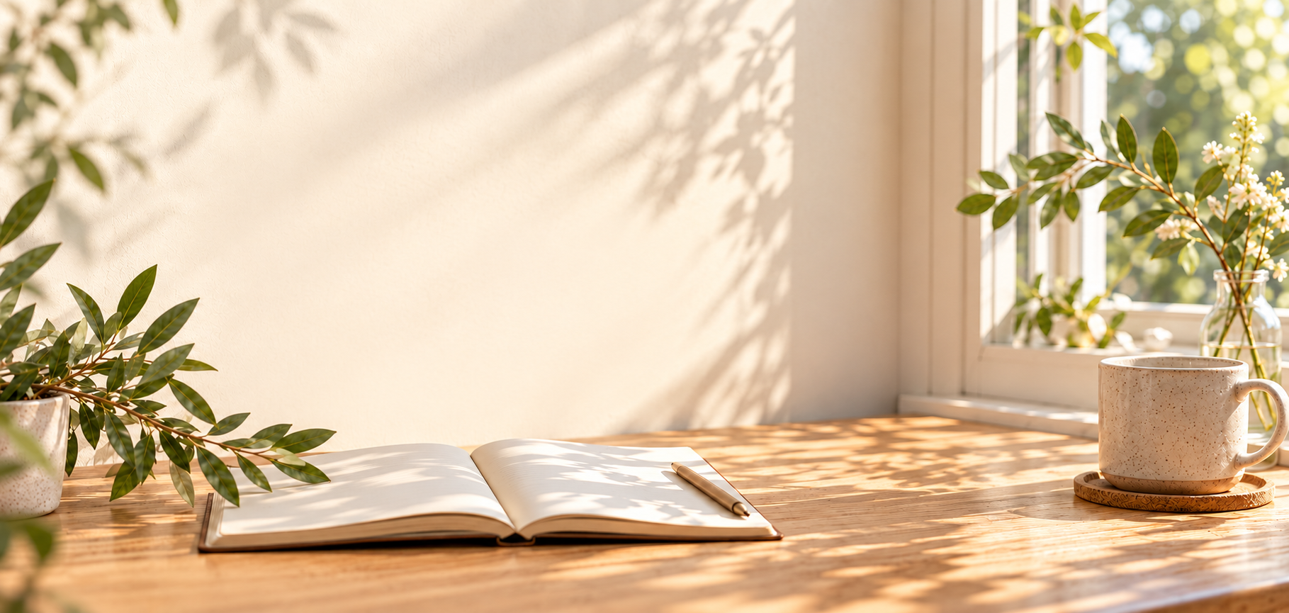 An open book and a cup of coffee on a sunlit table beside leafy plants